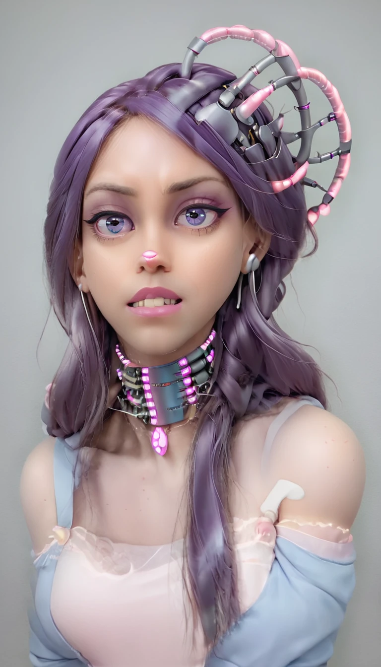 Hinata from Naruto anime, gamer girl, nsfw, japanese girl, solo, bright white eyes, white eyeball, blush, seductive smile, naughty expression, red lips, hair bangs, smooth long hair, purple hair, red ribbon hairband, heart earings, collar, collarbone, sexy body, slim waist, natural medium breast, cleavage, flat chest, cleavage, wearing lavender colour kemono, erotic pose, looking at viewer, flat green background, upper body