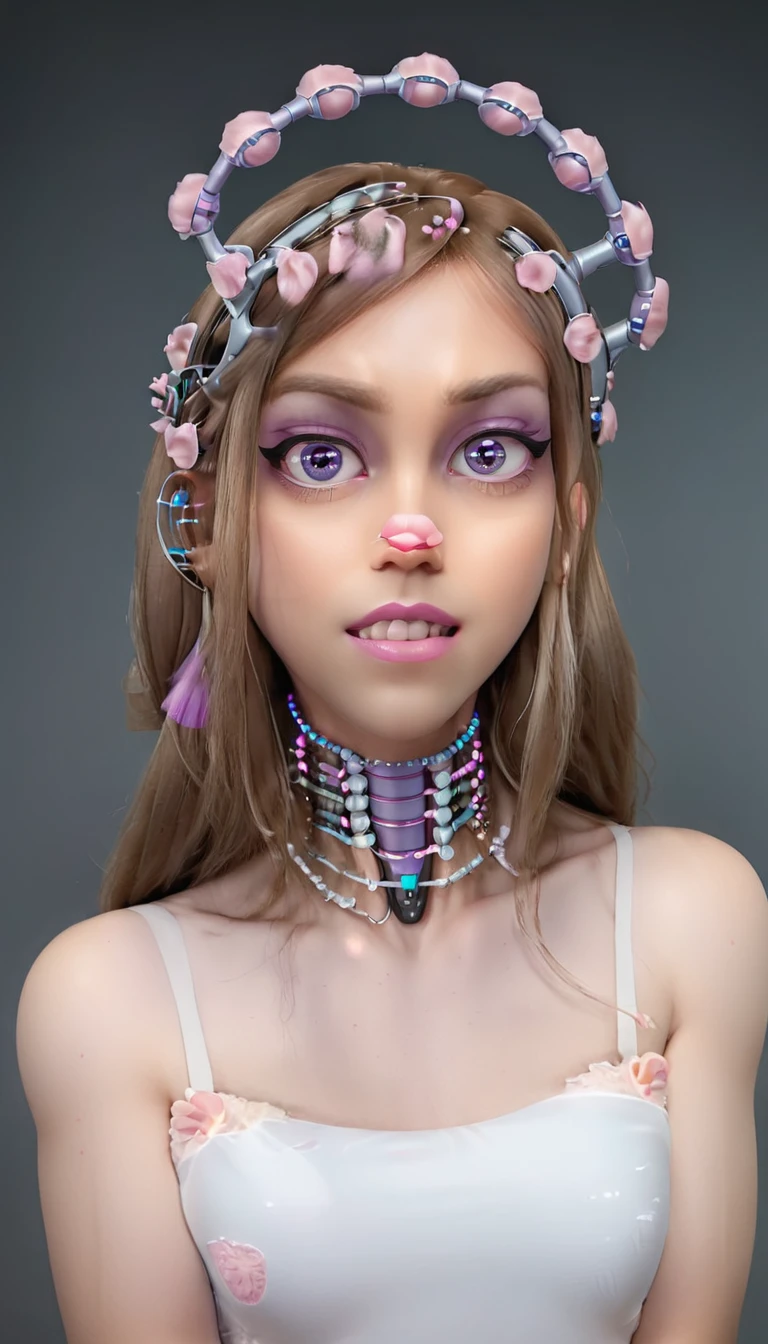 jessicagraham, (Complex Professional 3D rendering:1.3) of (Ultra detailed:1.3) side profile, xray diagram deconstruction of a cyborg brain to machine interface, extended neck, glowing lights, Highly detailed, Depth, Many parts, Lumen render, 8k x-ray style translucent bald head, clear skin, synthetic bone, purple pink and blue Xray style on a grey background covered in geometric patterns,CGSociety,ArtStation