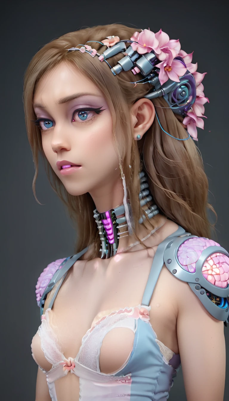 jessicagraham, (Complex Professional 3D rendering:1.3) of (Ultra detailed:1.3) side profile, xray diagram deconstruction of a cyborg brain to machine interface, extended neck, glowing lights, Highly detailed, Depth, Many parts, Lumen render, 8k x-ray style translucent bald head, clear skin, synthetic bone, purple pink and blue Xray style on a grey background covered in geometric patterns,CGSociety,ArtStation