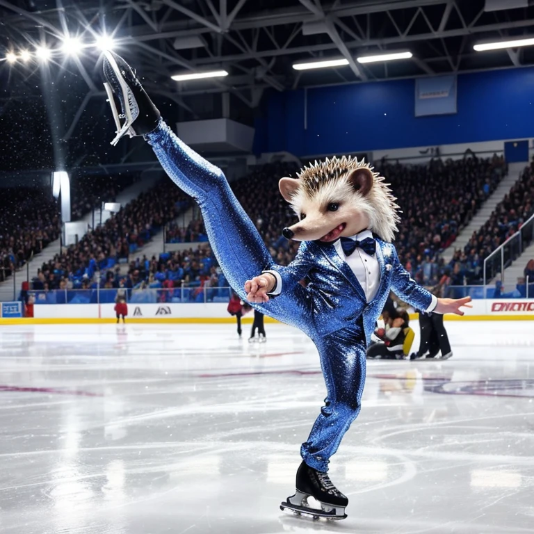 Hedgehog in a shiny suit skating, performs on the ice arena