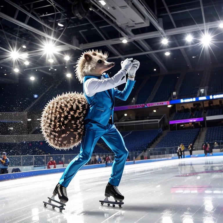 Hedgehog in a shiny suit skating, performs on the ice arena