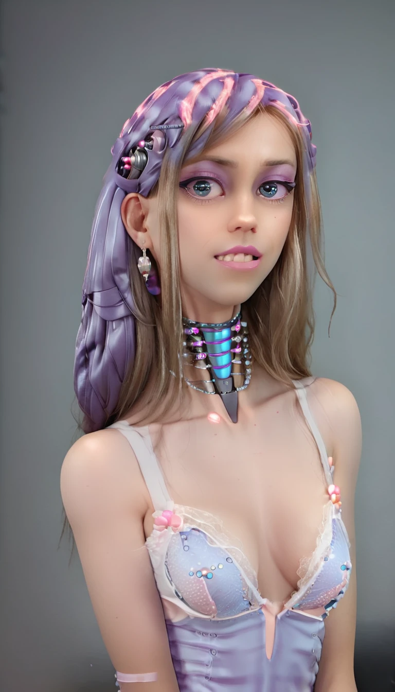 jessicagraham, (Complex Professional 3D rendering:1.3) of (Ultra detailed:1.3) side profile, xray diagram deconstruction of a cyborg brain to machine interface, extended neck, glowing lights, Highly detailed, Depth, Many parts, Lumen render, 8k x-ray style translucent bald head, clear skin, synthetic bone, purple pink and blue Xray style on a grey background covered in geometric patterns,CGSociety,ArtStation