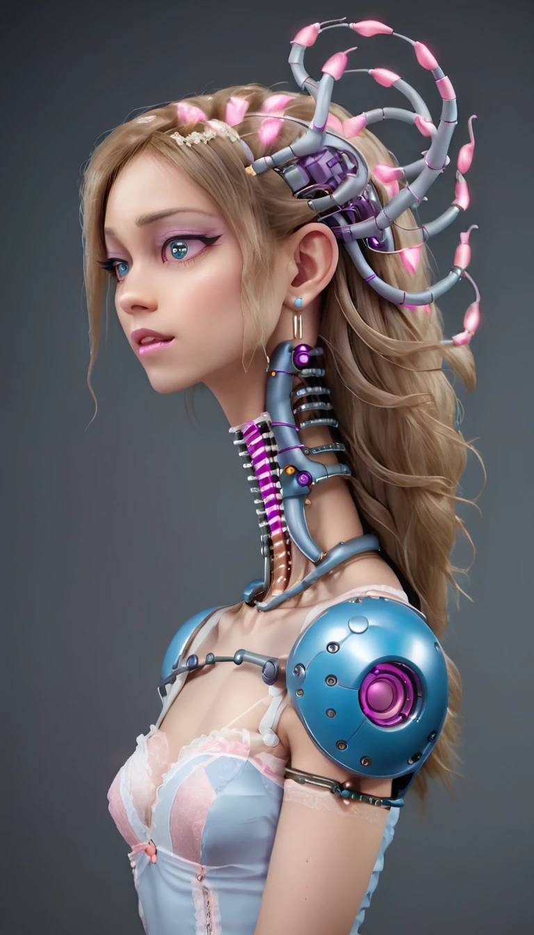 jessicagraham, (Complex Professional 3D rendering:1.3) of (Ultra detailed:1.3) side profile, xray diagram deconstruction of a cyborg brain to machine interface, extended neck, glowing lights, Highly detailed, Depth, Many parts, Lumen render, 8k x-ray style translucent bald head, clear skin, synthetic bone, purple pink and blue Xray style on a grey background covered in geometric patterns,CGSociety,ArtStation