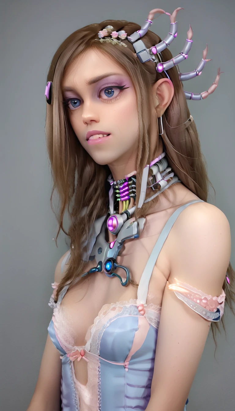 jessicagraham, (Complex Professional 3D rendering:1.3) of (Ultra detailed:1.3) side profile, xray diagram deconstruction of a cyborg brain to machine interface, extended neck, glowing lights, Highly detailed, Depth, Many parts, Lumen render, 8k x-ray style translucent bald head, clear skin, synthetic bone, purple pink and blue Xray style on a grey background covered in geometric patterns,CGSociety,ArtStation