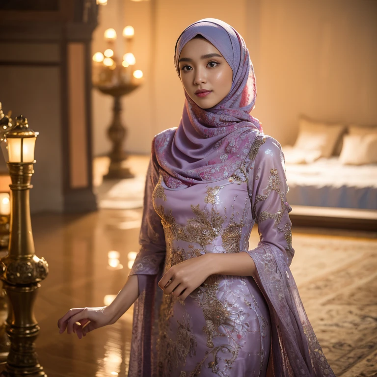 Best quality, masterpiece, realistic photos, intricate details, original photos, wearing traditional baju kurung, ultra-detailed, detailed faces, detailed skins, 8k masterpieces, cinematic lighting, ((1girl)), ((solo)), firm push-up breasts, modest breasts, slim and slender body, long hijab, eid mubarak in malay village, half body