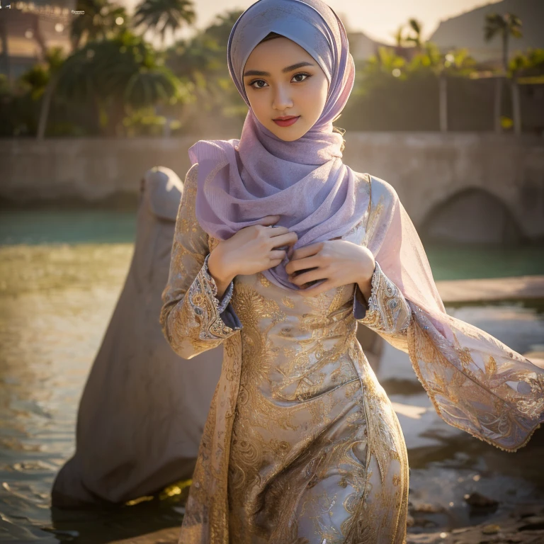 Best quality, masterpiece, realistic photos, intricate details, original photos, wearing traditional baju kurung, ultra-detailed, detailed faces, detailed skins, 8k masterpieces, cinematic lighting, ((1girl)), ((solo)), firm push-up breasts, modest breasts, slim and slender body, long hijab, eid mubarak in malay village, half body