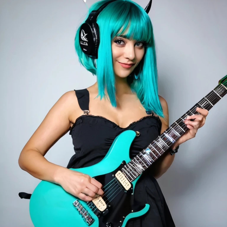 ((obra de arte, Melhor qualidade))1 garota, Sozinho, Vestido preto, olhos azuis, electric guitar, guitarra, fones de ouvido, rabo de cavalo duplo, containment, containment plectrum, instrument, cabelo longo, music, um lado para cima, teal hair, twin tails, tocando guitarra, saia plissada, camisa preta, interior,8k