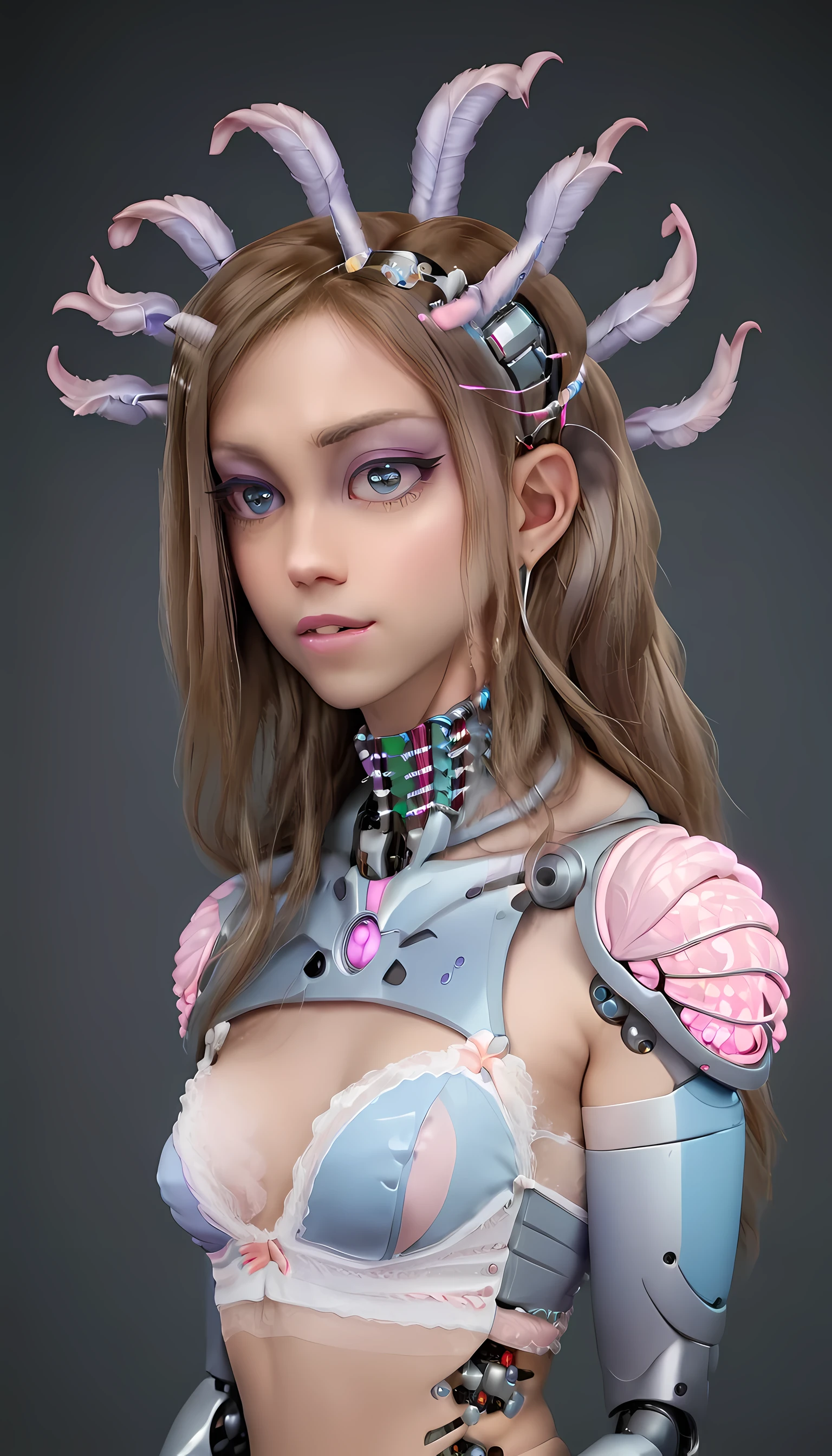 jessicagraham, (Complex Professional 3D rendering:1.3) of (Ultra detailed:1.3) side profile, xray diagram deconstruction of a cyborg brain to machine interface, extended neck, glowing lights, Highly detailed, Depth, Many parts, Lumen render, 8k x-ray style translucent bald head, clear skin, synthetic bone, purple pink and blue Xray style on a grey background covered in geometric patterns,CGSociety,ArtStation