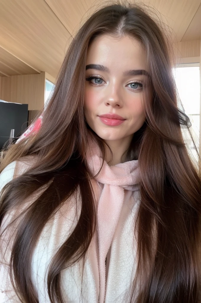 Professional photograph, best quality, 8K, hyper detailed, upper body, selfie photo. A close up portrait of a Gorgeous, pretty, warm-hearted, kind-hearted, good-hearted, stunning, cheerful, sweet, polite, sensitive, sensible, shiny, charming, alluring, dreamy, graceful, majestic, classy, stylish, flowing super long wavy red brown haired argentinian woman, flowing hair, silky hair, glowing hair, ethereal argentinian beauty, exotic argentinian beauty, timeless argentinian beauty, dream argentinian beauty. She has the cutest face, beaming countenance, fair porcelain skin, soft make-up, red lipstick, she is wearing a black leather jacket, and a pink scarf.