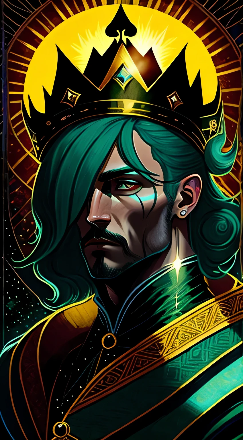 (master piece,4k,super detailed,RAW photography:1.2),enlightenment, (king with a crown:1.5),(half body portrait:1), (simple background,Fluorescent teal and black background:1.4), (symmetry:1.2), (art deco:1.4), (retro future:1.4), (maximalism:1.4), (cleanliness:1.4), (flat_color:1.4), (Sun rays:1),poker card styles,tarot card style, CCDDA art style