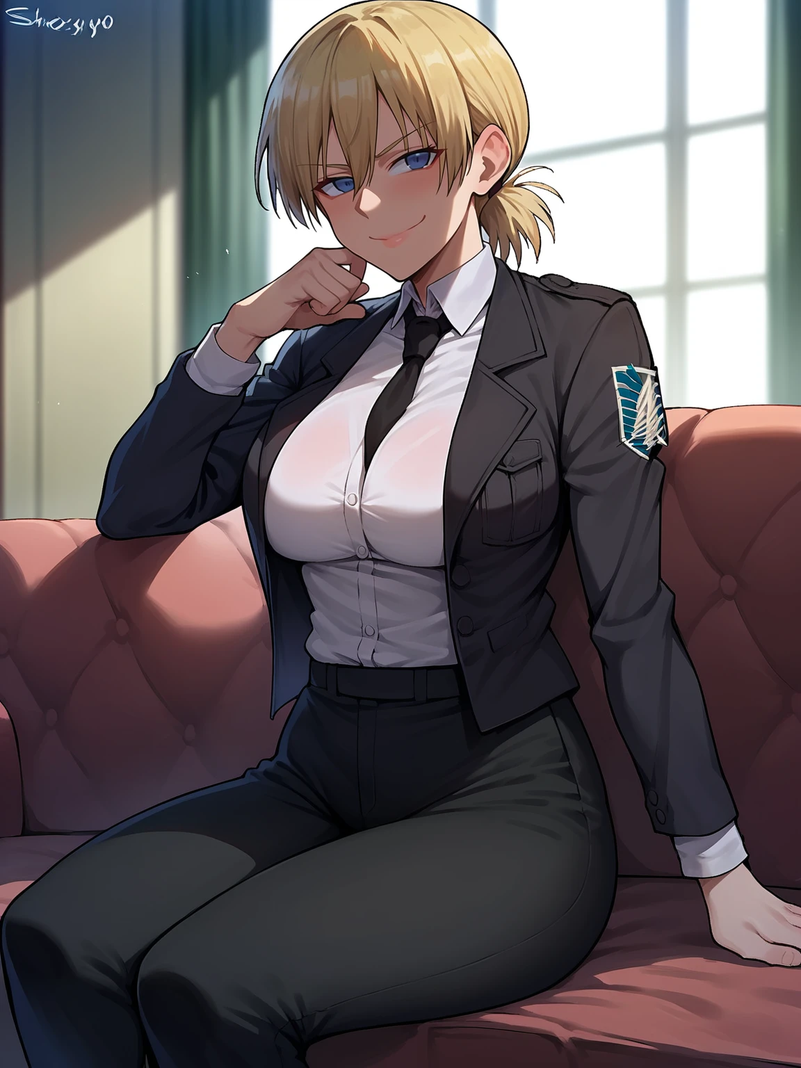 score_9, score_8_up, score_7_up, source_fumo, solo, 1girl, hellsing, formal, suit, black jacket, black necktie, long sleeves, black pants, shexyo, shexyo style, smirk, smug, sitting, couch, closed mouth, boob window, breast window, huge tits