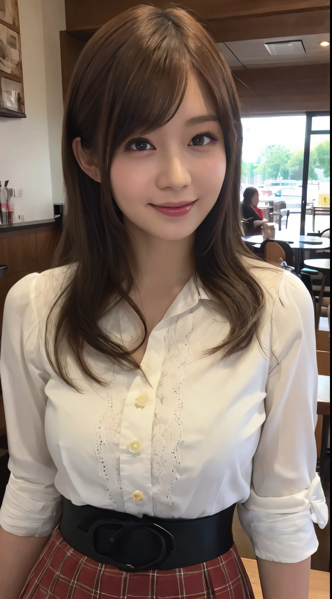 masutepiece, Best Quality, Illustration, Ultra-detailed, finely detail, hight resolution, 8K Wallpaper, Perfect dynamic composition, 1 beautiful girl, Beautiful detailed eyes, girly blouse, long skirt, Medium Hair, shokkaku hair style, normal breasts, Natural Color Lip, Random Poses,Smile, open mouth:0.8, in Snazzy cafe, 20 years girl