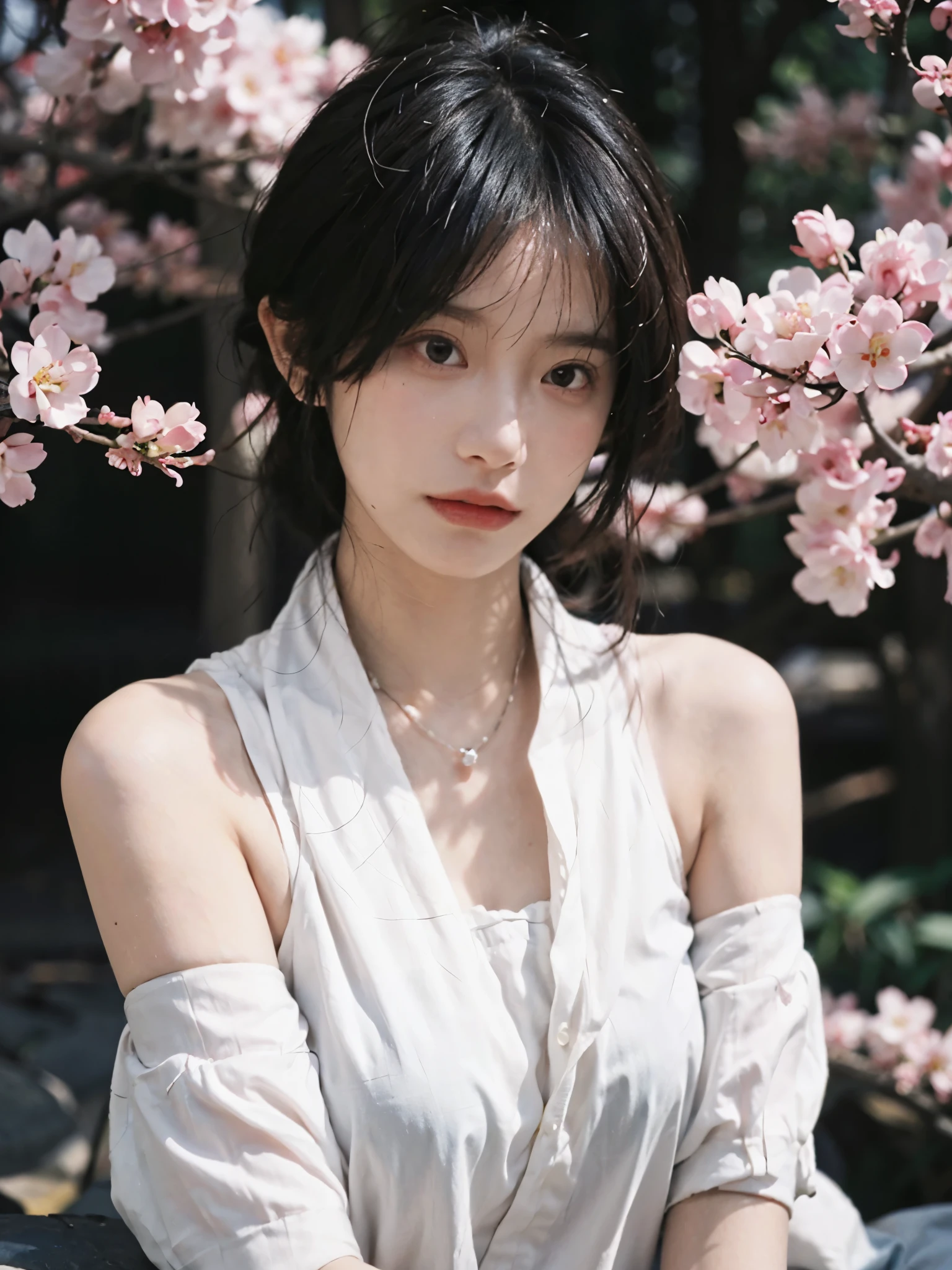Film portrait photography, 2 girls, 2 Bare Shoulders,lipstick，（flat chest：1.4）， Double tail, wear necklace，scarf，Look directly，earrings，short sleeves，serene, calm, (Realistic and detailed eyes, natural skin texture, Realistic facial details), Soft dramatic lighting, depth of field, Bokeh,cherry blossom grove， Vibrant details, Detailed and detailed, surreal, 35mm film, hazy, whole body,