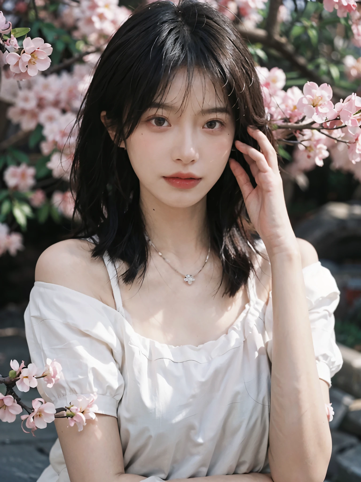 Film portrait photography, 2 girls, 2 Bare Shoulders,lipstick，（flat chest：1.4）， Double tail, wear necklace，scarf，Look directly，earrings，short sleeves，serene, calm, (Realistic and detailed eyes, natural skin texture, Realistic facial details), Soft dramatic lighting, depth of field, Bokeh,cherry blossom grove， Vibrant details, Detailed and detailed, surreal, 35mm film, hazy, whole body,