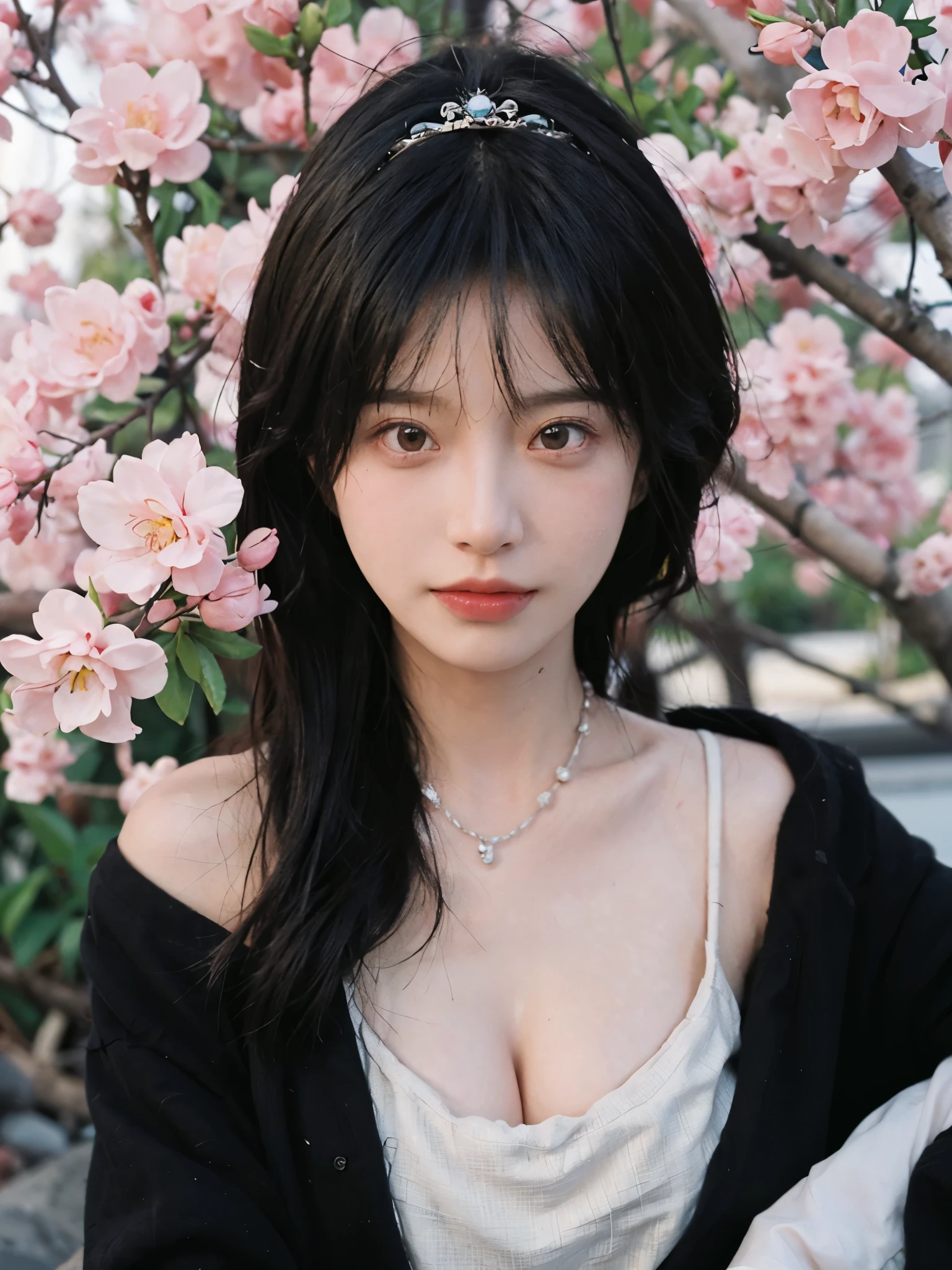 best quality， ultra high resolution， （realistically：1.4）， Cute tiara，Baoyu Girl， A pair of clear and charming peach blossom eyes,Royal sister，The sun shines on the face，Double tail，（in the cherry blossom tree：1.4），（necklace：1.2），（White skin：1.4），（Full body female love：1.2）a sense of atmosphere，a beautiful girl，Looking directly at the viewer， Close-up cleavage ，(lifelike:1.4),2 girls,Sexy,(Upper body:1.4),(wet),(:1.2)