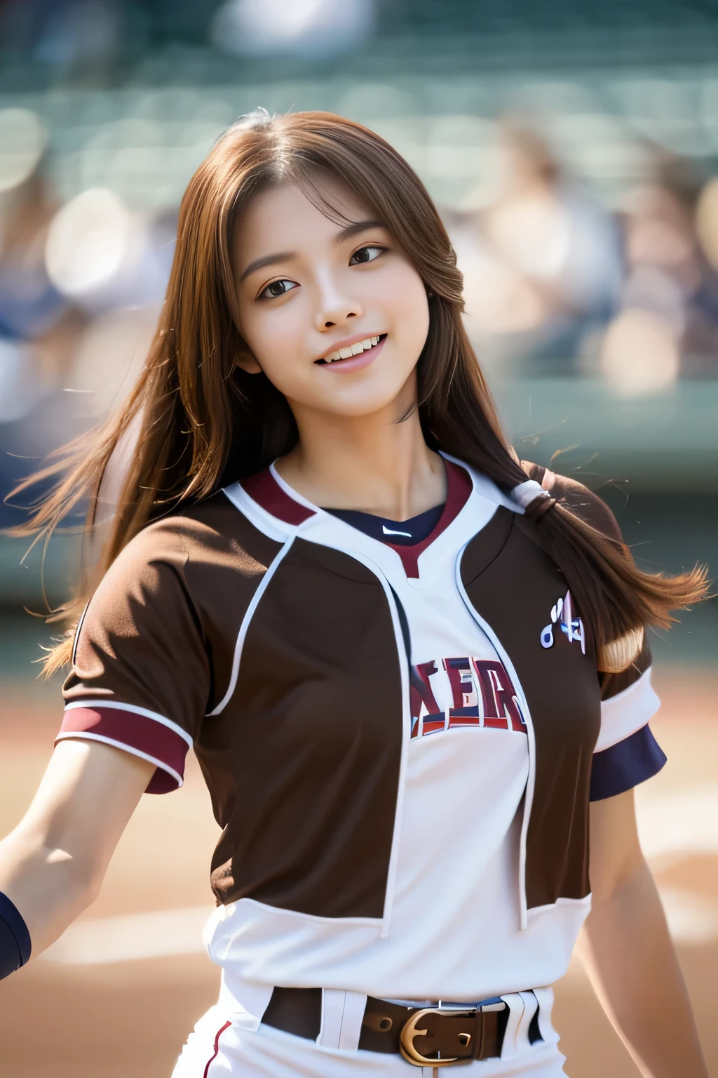 masterpiece, highest quality, Photoreal, Super detailed, finely, High resolution, 8k wallpaper, Professional, Advanced level of detail, ((A female college student cheering at the baseball field:1.2)), slender Japanese woman,, detailed clavicle, Medium chest、perfect face, (Front facing:1.2)、medium long hair, chestnut hair、(Short sleeve baseball uniform:1.5)、(shorts:1.2)、cute face、(looking straight ahead:1.5)、(brown skin:1.5)、full body shot