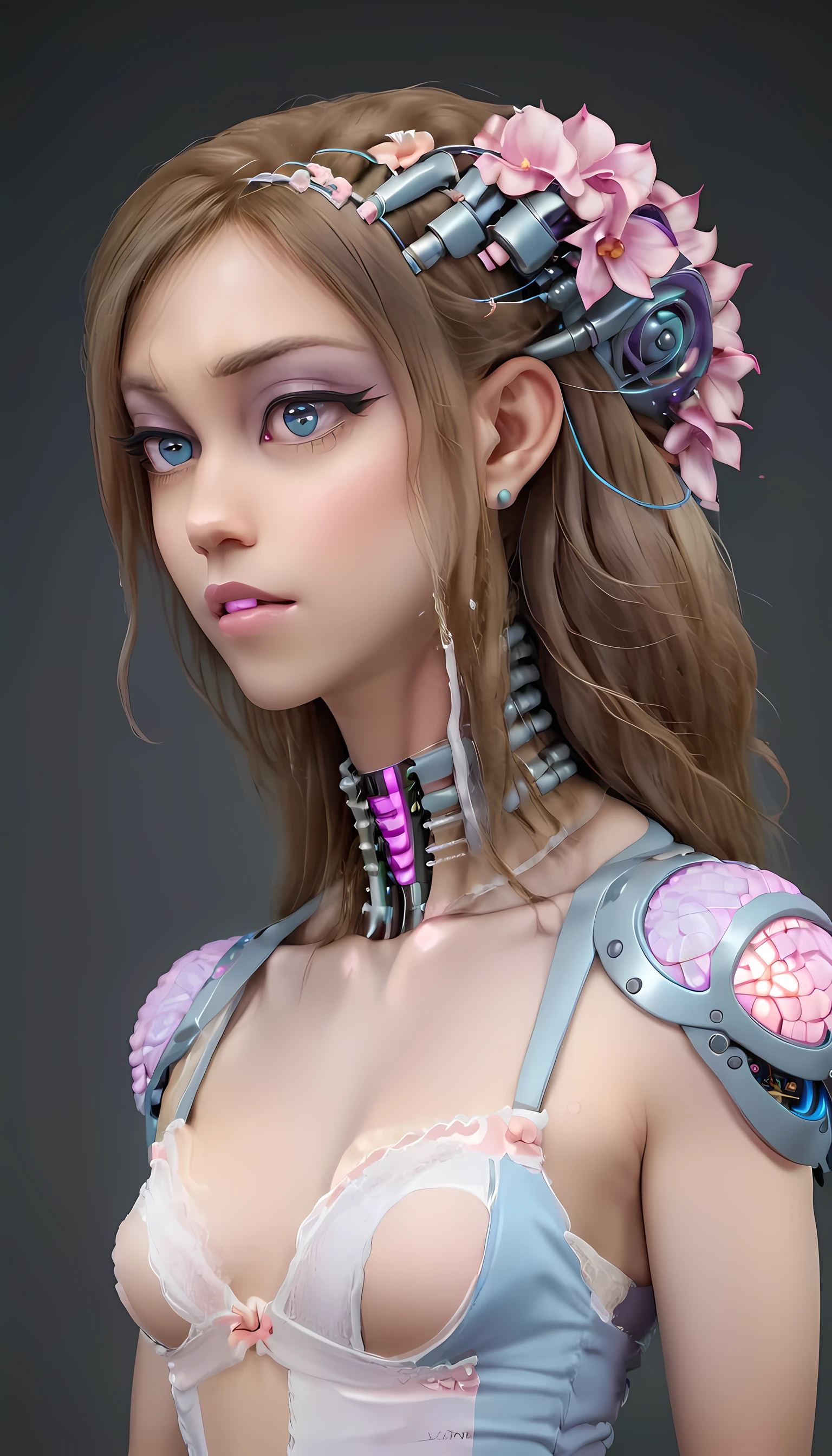 jessicagraham, (Complex Professional 3D rendering:1.3) of (Ultra detailed:1.3) side profile, xray diagram deconstruction of a cyborg brain to machine interface, extended neck, glowing lights, Highly detailed, Depth, Many parts, Lumen render, 8k x-ray style translucent bald head, clear skin, synthetic bone, purple pink and blue Xray style on a grey background covered in geometric patterns,CGSociety,ArtStation