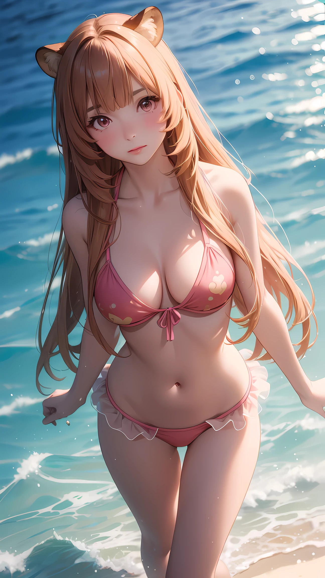 (masterpiece, Best quality:1.2), 1 girl against the background of the sea, (Raphtalia), The Rising of the Shield Hero, chest print, (full length girl), Confused look, blushing, Raccoon ears, raccoon girl (high detail eyes), (High lip detail), standing split, pink swimsuit, (bare belly),