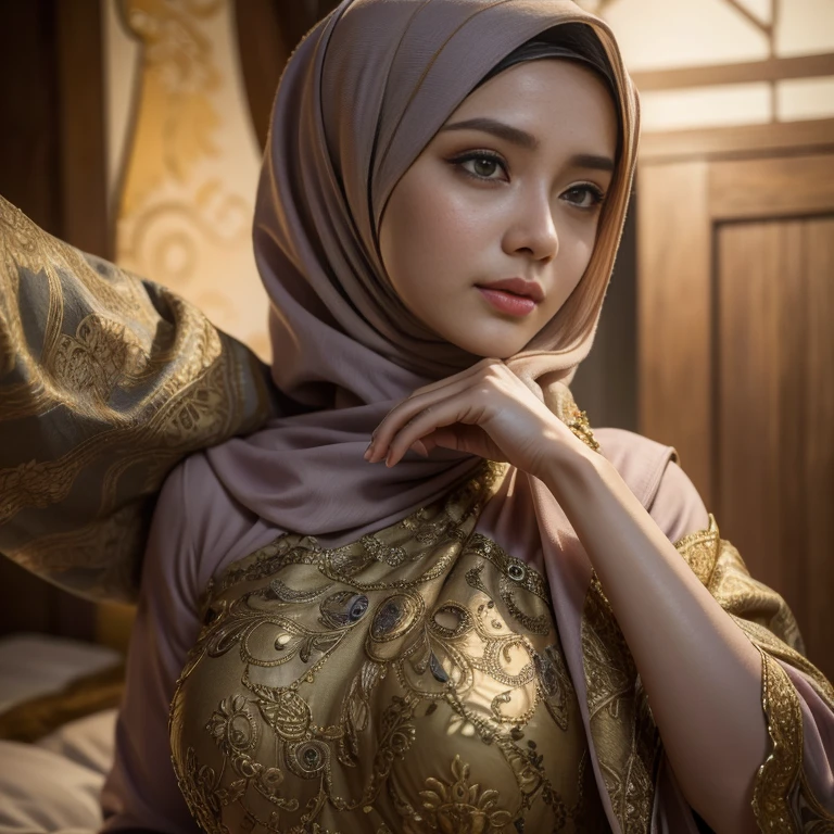 Best quality, masterpiece, realistic photos, intricate details, original photos, wearing traditional baju kurung, ultra-detailed, detailed faces, detailed skins, 8k masterpieces, cinematic lighting, ((1girl)), ((solo)), firm push-up breasts, modest breasts, slim and slender body, long hijab, eid mubarak in malay village, half body