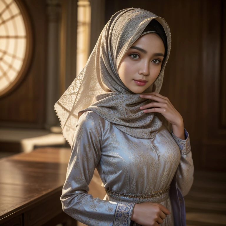 Best quality, masterpiece, realistic photos, intricate details, original photos, wearing traditional baju kurung, ultra-detailed, detailed faces, detailed skins, 8k masterpieces, cinematic lighting, ((1girl)), ((solo)), firm push-up breasts, modest breasts, slim and slender body, long hijab, eid mubarak in malay village, half body