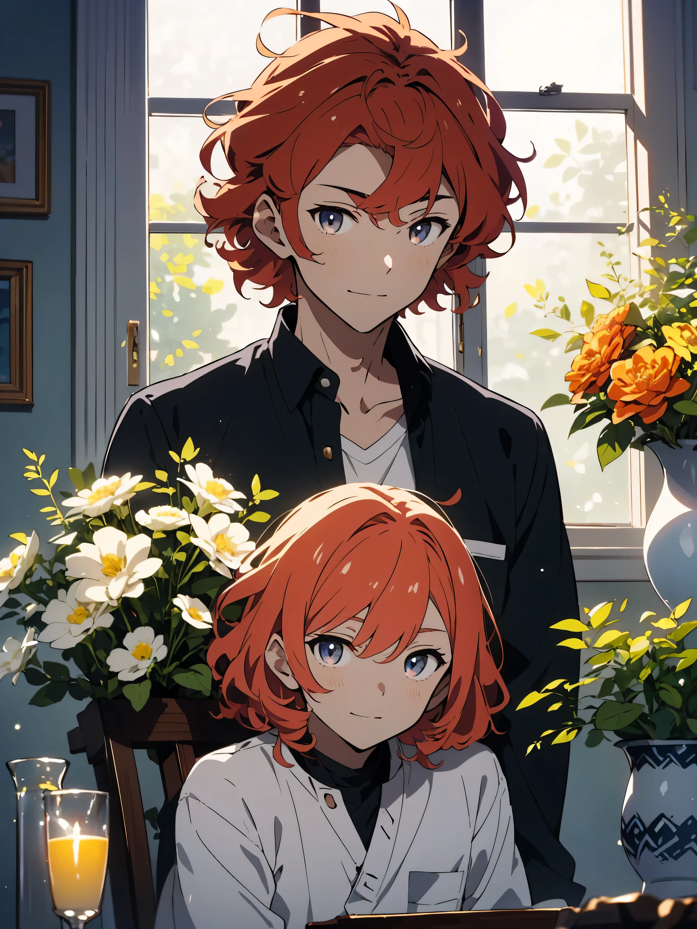 (highest quality、masterpiece、High resolution、be familiar with), (1 young man:1.5), (Shining eyes、detailed beautiful face)、(Handsome guy:1.2)、(bright red orange hair、Short messy hair 1.3、curly hair:1.2)、Outstanding style、(Spring casual、refreshing clothes)、indoor、Vase by the window、Gaze tenderly at the flowers in the vase、smile、(Handsome guyと花のテーマ)、(beautiful anime)