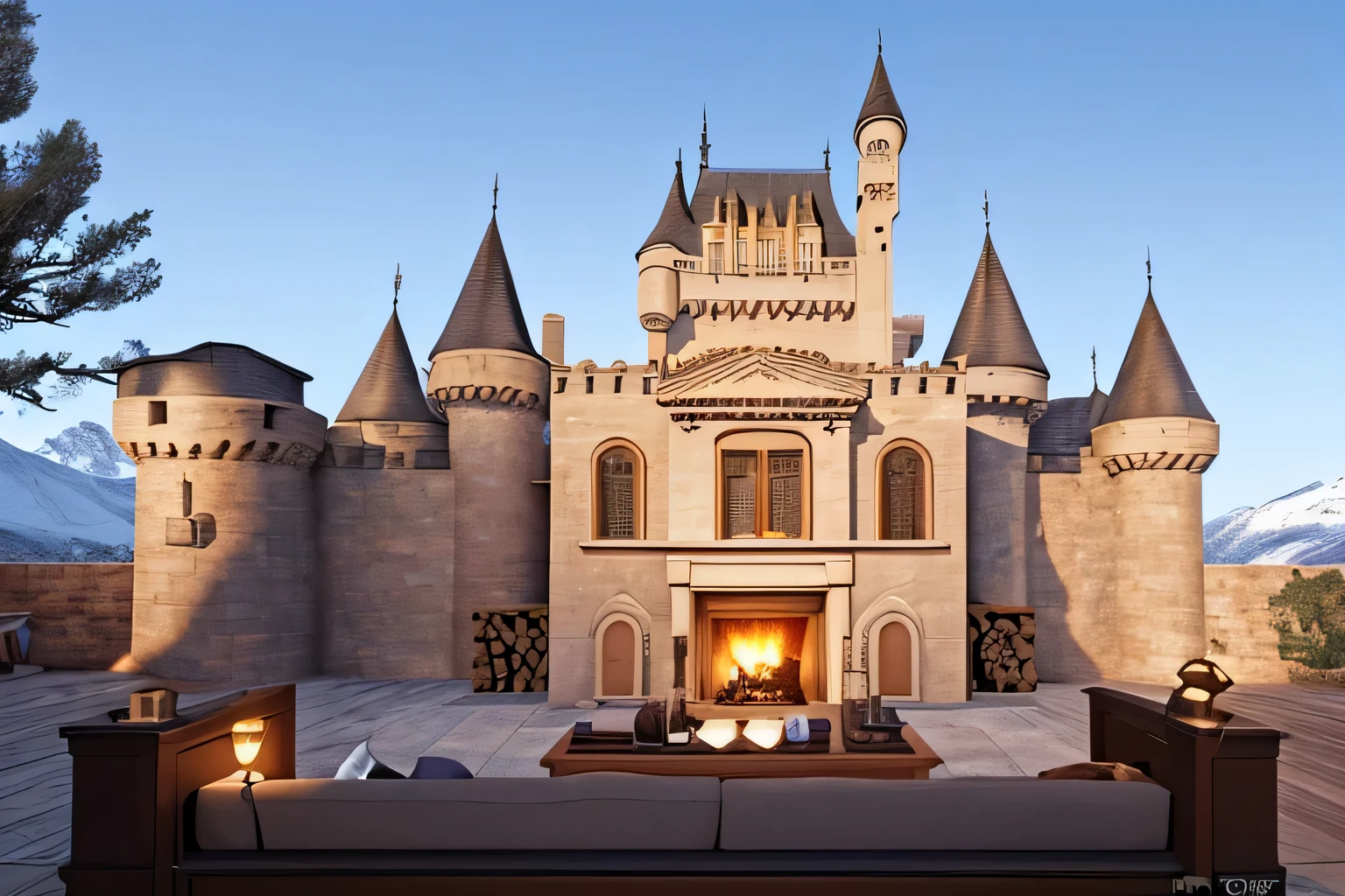 HD castle interior background picture,There is a fireplace etc.,Connect to real scenes,Realistic