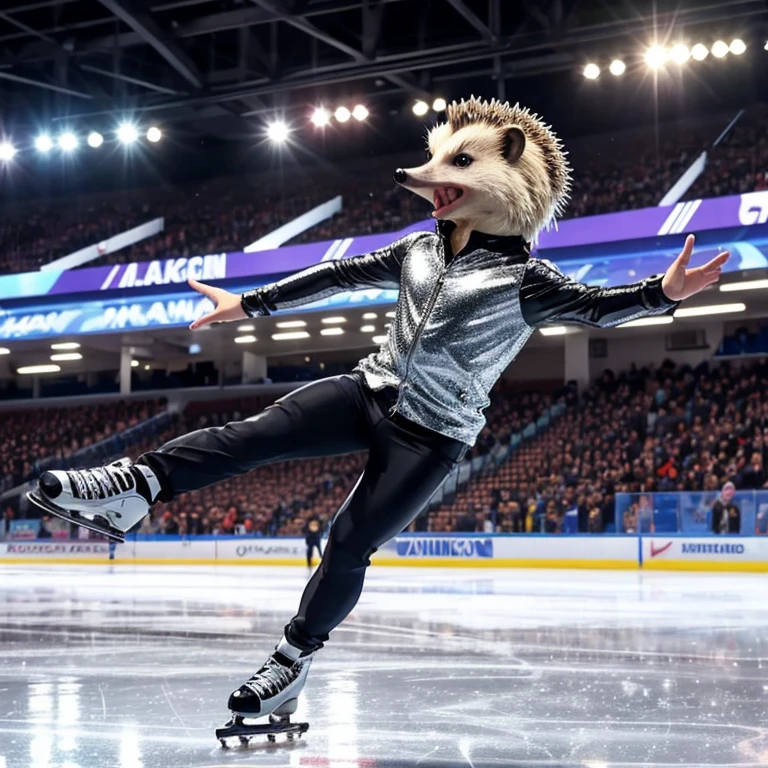 Hedgehog in shiny clothes skating, performs on the ice arena