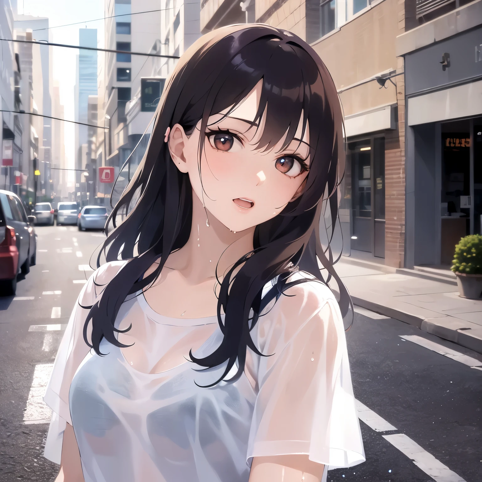(see-through wet shirt, wet hair:1.2), side angle, (Resting hand on chin:1.3)、Upper Body, Realistic, real person, (pale skin: 1.2), RAW photo, photorealistic, portrait photography, shiny skin, japanese idol、shiny hair、(25 year old woman with medium hair with bangs) and (wavy hair) and (brown hair) and (orange eyes) , plain white t-shirt 、(surprised:1.3), open mouth, In the background is the entrance to the apartment building.、Alone、Are standing