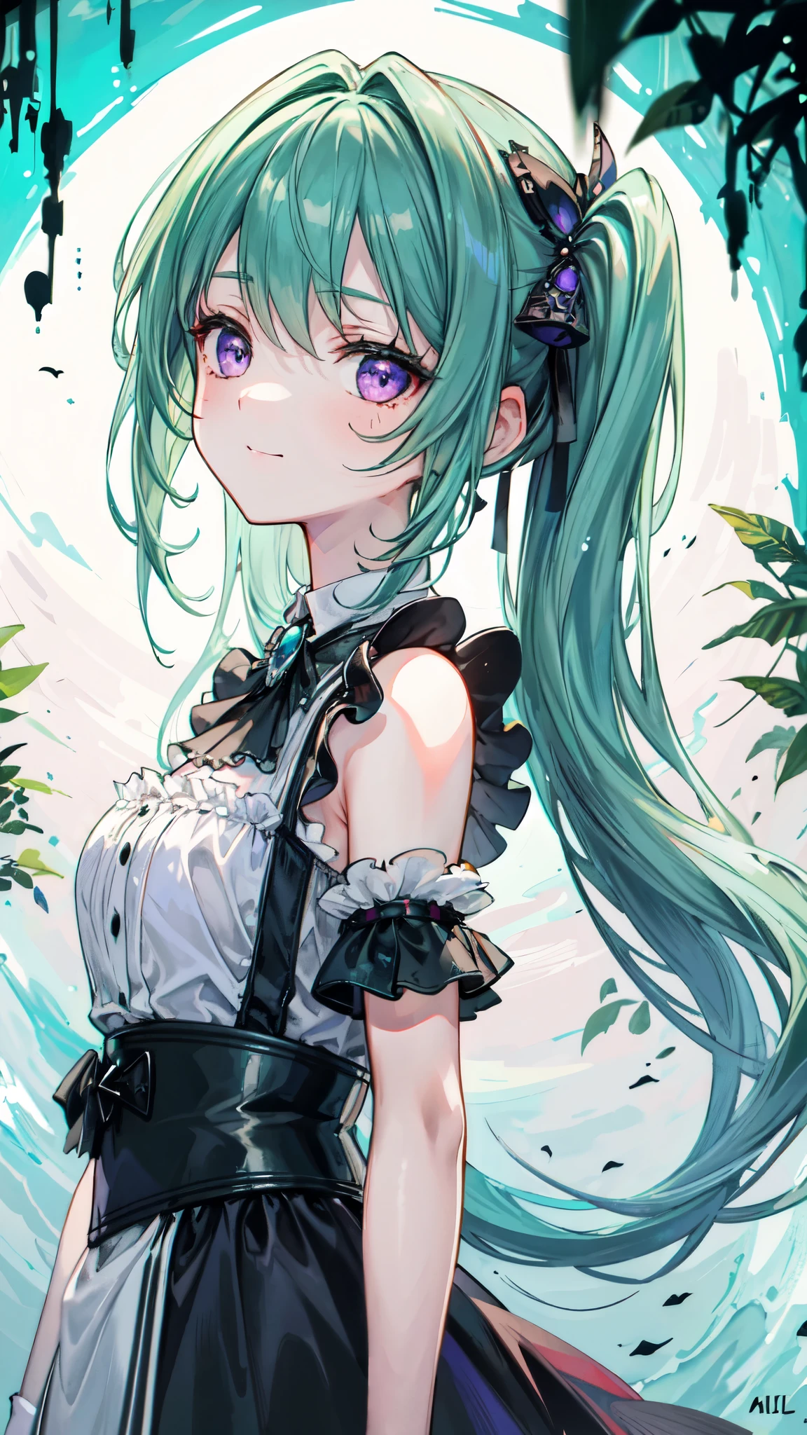 (best quality:1.3),(masterpiece:1.3),(illustration:1.3),(ultra-detailed:1.3),(imid shot:0.9),, , , 1girl,solo,very young,upper body,short neck,small breasts,, , from side,from below,close-up,, , , purple eyes,jewel-like eyes,extremely detailed eyes,extremely detailed face,(seductive smile:0.8),(open mouth:0.3),, , , filthy stream, murky water, garbage floating, rotting stench, haunting melody, scattered syringes, polluted mystery, abandoned tranquility, forgotten path, pebbled riverbed , twintails, maid,green hair,