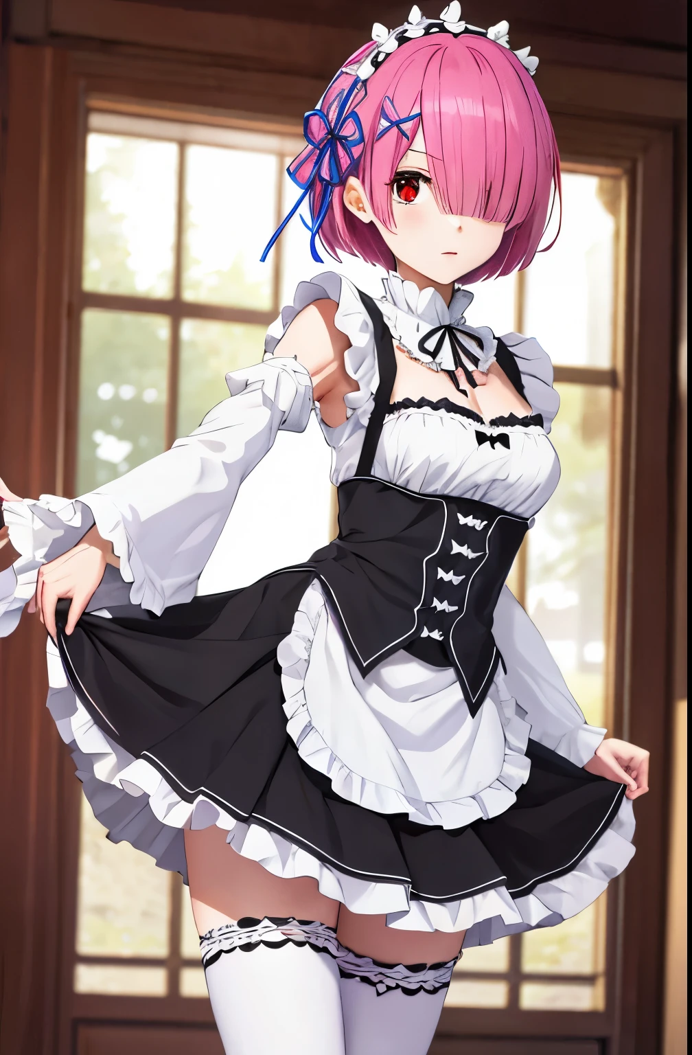 Meisterwerk, Best quality, highRes, ram1, 1girl, Allein, Rem \(Re:Null\), pinke Haare, White thigh high socks, kurzes Haar, Red eyes, Hair over one eye, Bandbesatz, Haarband, x Haarschmuck, Ruffles, maid headdRess, Waist apron, Garters, schwarzes Band, medium bReasts, Dekollete, long sleeve, White apron, Halsband, lila Band, wide sleeves, Haarblume, drinnen,