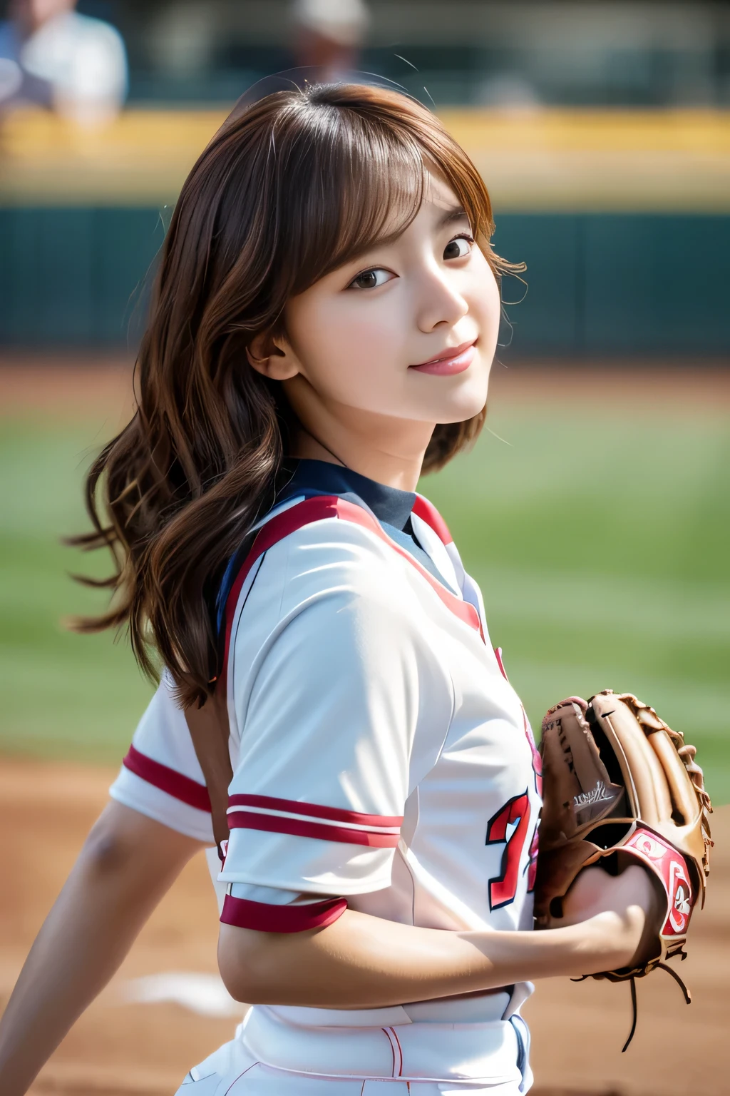 masterpiece, highest quality, Photoreal, Super detailed, finely, High resolution, 8k wallpaper, Professional, Advanced level of detail, ((A female college student cheering at the baseball field:1.2)), slender Japanese woman,, detailed clavicle, Medium chest、perfect face, (Front facing:1.2)、medium long hair, chestnut hair、(Short sleeve baseball uniform:1.5)、(shorts:1.2)、cute face、(looking straight ahead:1.5)、(brown skin:1.5)、full body shot