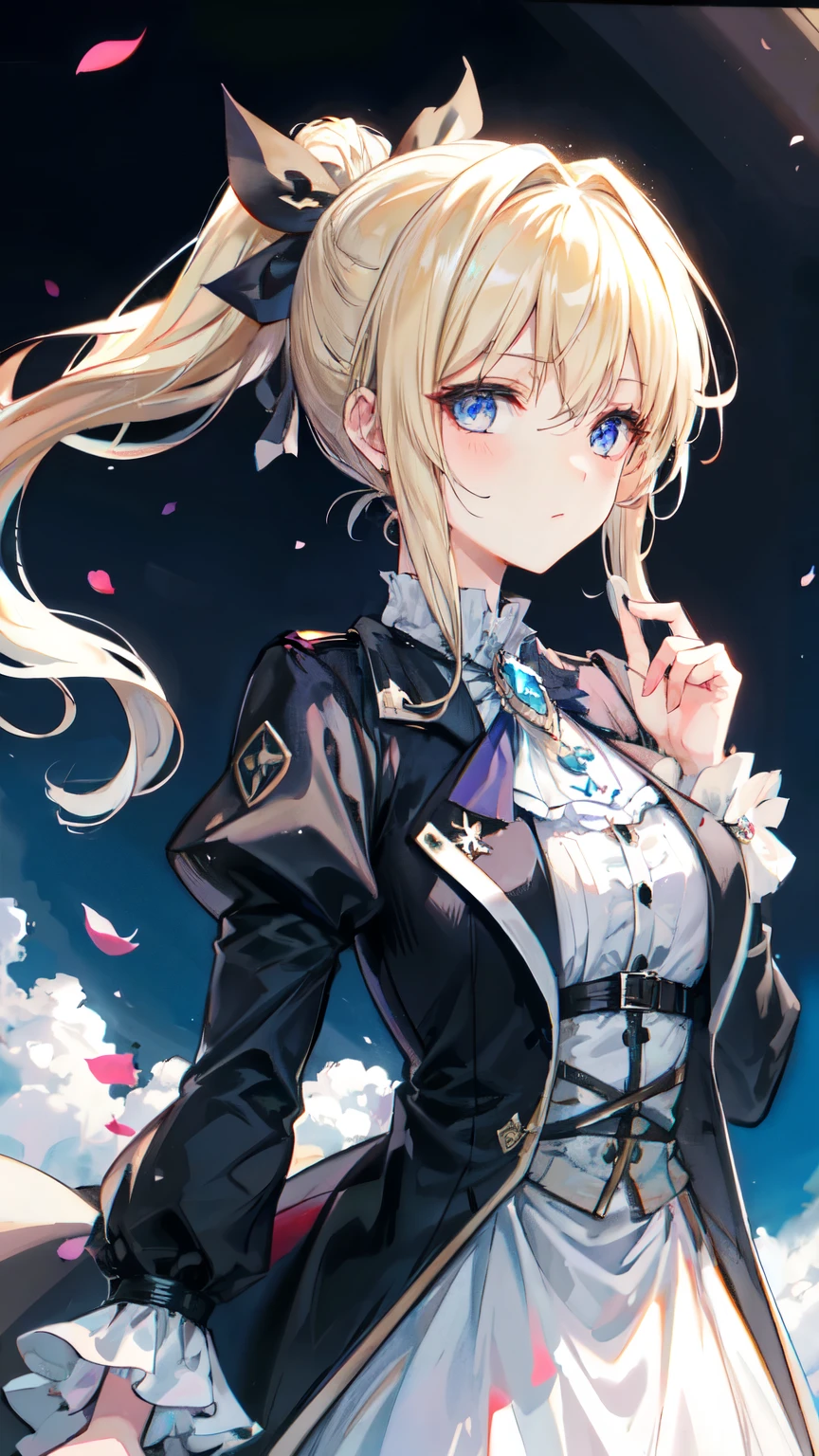 (dynamic angle:1.3),extreme closeup,windy,cinematic highlight,1girl,upper body,dacing,looking at viewer, violet_evergarden, solo, jewelry, blank eyes,brooch, blonde_hair,( vevry long hair:1.2),floating hairlong_sleeves, ribbon, blue_eyes, jacket, dress, gem, hair_ribbon,sky, depth_of_field, a close view of flying petal, ponytail