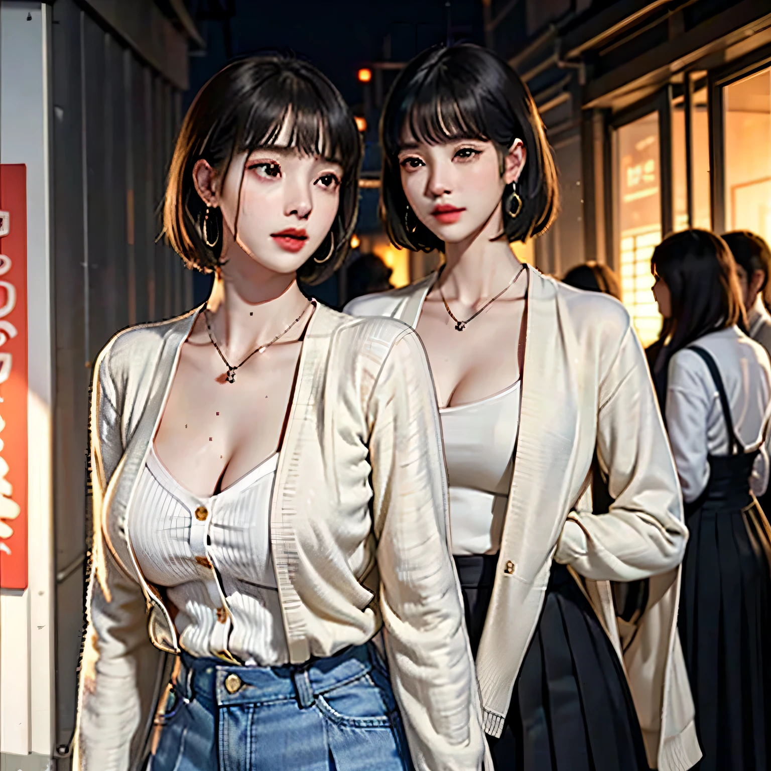 The expensiveest quality, masterpiece, formal, Write like a horror movie、(key light:Front diagonal 45 degrees, fill light、Backlight、Shadow、blue and orange color palette), accurate human body、knowledgeable person、Correct five-finger、
(dripping sweat、oil skin,Sparkling skin、realistic skin texture、fine and beautiful skin、shiny skin、shiny skin)
(Mature women lined up and lined up towards your gaze:1.4), (detailed pupil, perfect eyes:1.2), (Shiny clothes that reflect light and have many wrinkles:1.2), Sparkling, Sparkling gold, (hoop earrings), necklace, latex, glamorous perfect female proportions, enchanting smile, fine surface texture, expensive school girl、bewitching woman、short hair、Cream yellow and inner color hair color、expensive 、Girl wearing a cardigan over a white shirt and black pleated skirt、(((big breasts))), big breasts cleavage、narrow back alley、