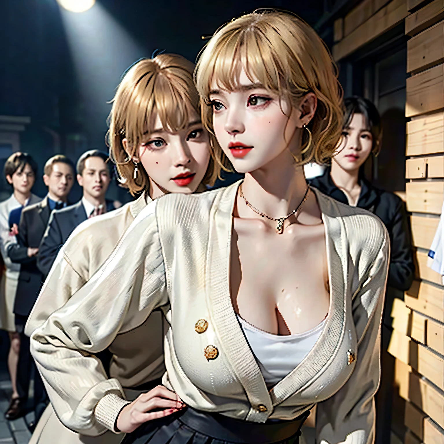 The expensiveest quality, masterpiece, formal, Write like a horror movie、(key light:Front diagonal 45 degrees, fill light、Backlight、Shadow、blue and orange color palette), accurate human body、knowledgeable person、Correct five-finger、
(dripping sweat、oil skin,Sparkling skin、realistic skin texture、fine and beautiful skin、shiny skin、shiny skin)
(Mature women lined up and lined up towards your gaze:1.4), (detailed pupil, perfect eyes:1.2), (Shiny clothes that reflect light and have many wrinkles:1.2), Sparkling, Sparkling gold, (hoop earrings), necklace, latex, glamorous perfect female proportions, enchanting smile, fine surface texture, expensive school girl、bewitching woman、short hair、Cream yellow and inner color hair color、expensive 、Girl wearing a cardigan over a white shirt and black pleated skirt、(((big breasts))), big breasts cleavage、narrow back alley、