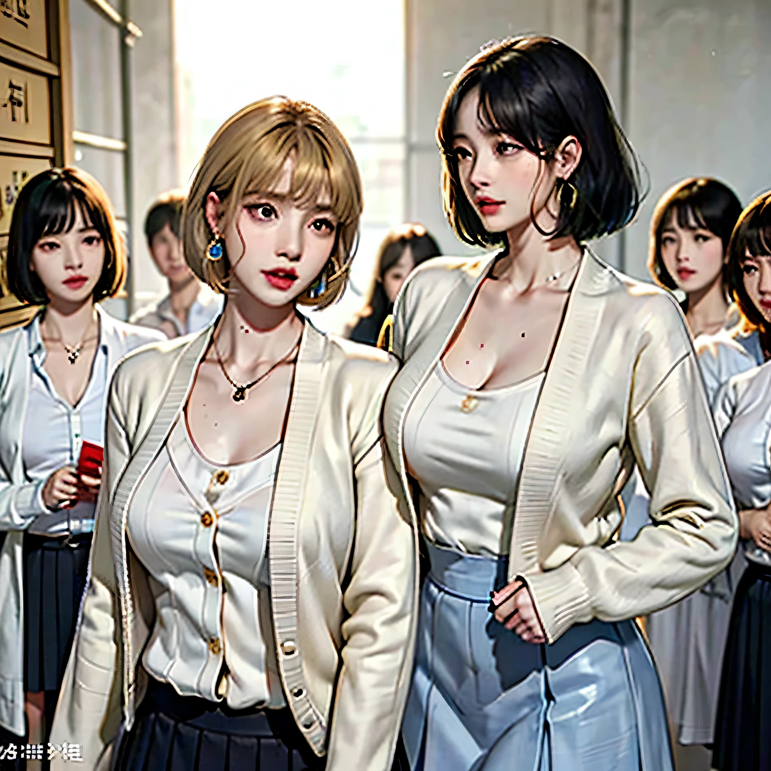 The expensiveest quality, masterpiece, formal, Write like a horror movie、(key light：Front diagonal 45 degrees, fill light、Backlight、Shadow、blue and orange color palette), accurate human body、knowledgeable person、Correct five-finger、

(dripping sweat、oil skin,Sparkling skin、realistic skin texture、fine and beautiful skin、shiny skin、shiny skin)

 (Mature women lined up and lined up towards your gaze:1.4),  (detailed pupil, perfect eyes:1.2), (Shiny clothes that reflect light and have many wrinkles:1.2), Sparkling, Sparkling gold, (hoop earrings), necklace, latex, glamorous perfect female proportions, enchanting smile,  fine surface texture,   expensive school girl、bewitching woman、short hair、Cream yellow and inner color hair color、expensive 、Girl wearing a cardigan over a white shirt and black pleated skirt、(((big breasts))), big breasts cleavage、narrow back alley、