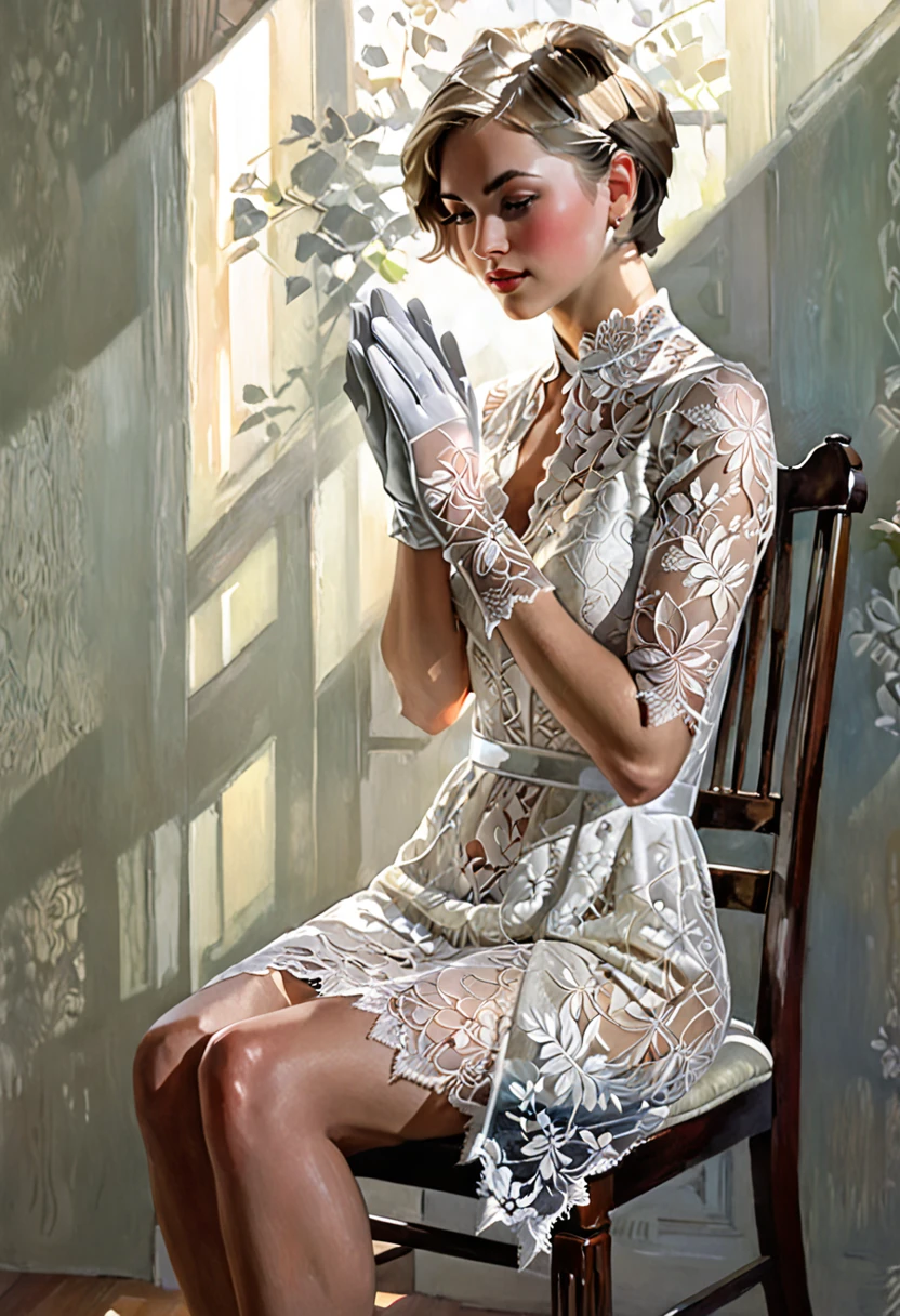  a beautiful girl with short straight hair, wearing (lacy gloves) on her hands, sitting on a chair, natural lighting, sunlight, unveiling inner radiance, embodiment of calmness and tranquility, inner peace reflected through her eyes, serenity meets beauty, elegance in simplicity, revelation of inner harmony, soft and delicate lighting, subtle play of shadows and highlights, fine lines and intricate details, classic figures, modern jewelry, oil painting, digital painting