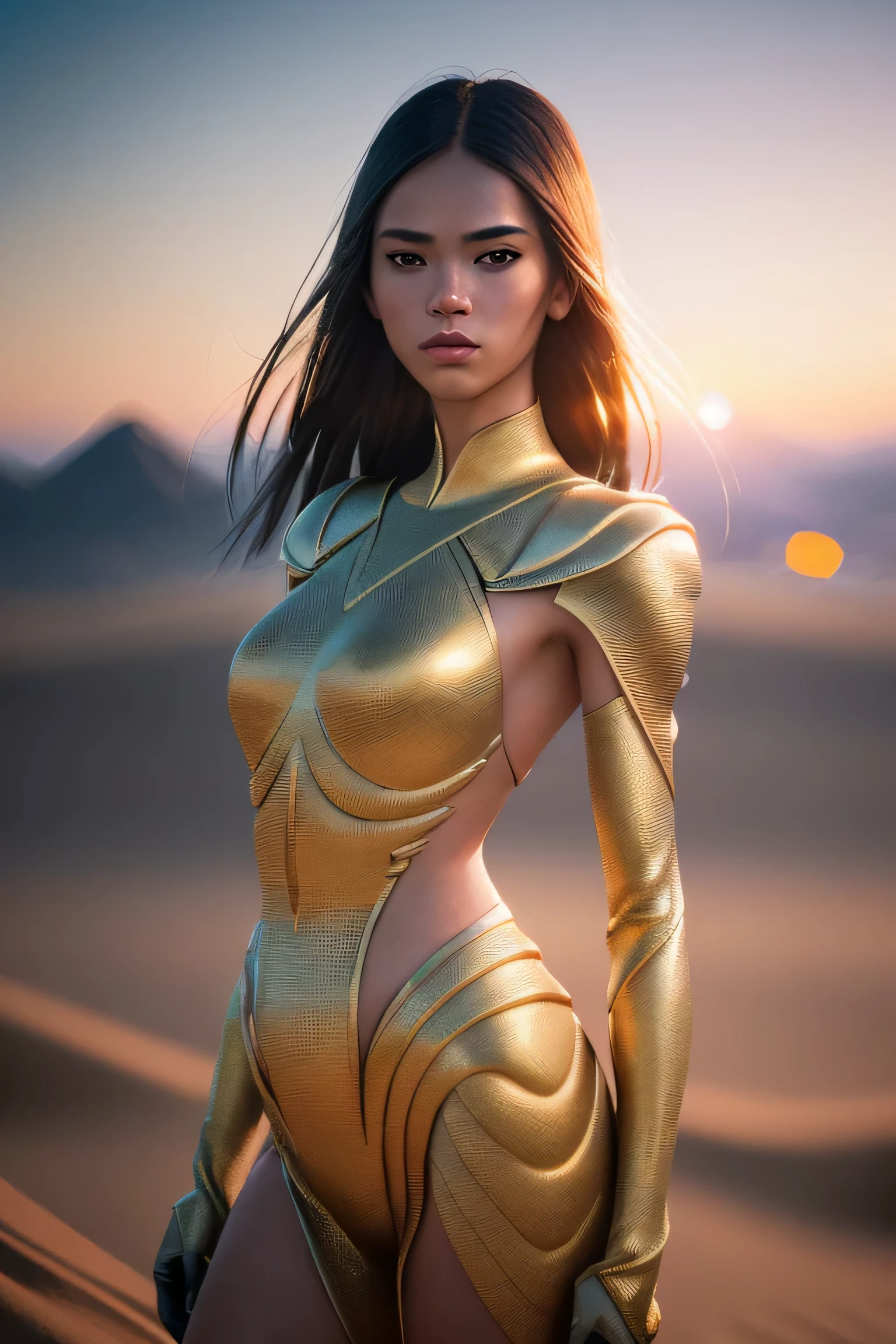 (masterpiece), (very complicated:1.3), (realistic), girl portrait, the most beautiful in the world, (crane-like wings), scale powder reflection, fashion model posing, outdoor, intense sunlight, distant dune, Stunning female professional photo details, sharp focus, dramatic, Award history, cinematic lighting, Octane Rendering Unreal Engine, volumetrics dtx, (film grain, blurred background, blurred foreground, Bokeh, Depth of the bounds written, sunset, motion blur:1.3), thin clothing