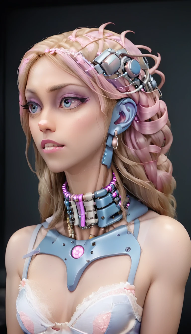 jessicagraham, (Complex Professional 3D rendering:1.3) of (Ultra detailed:1.3) side profile, xray diagram deconstruction of a cyborg brain to machine interface, extended neck, glowing lights, Highly detailed, Depth, Many parts, Lumen render, 8k x-ray style translucent bald head, clear skin, synthetic bone, purple pink and blue Xray style on a grey background covered in geometric patterns,CGSociety,ArtStation