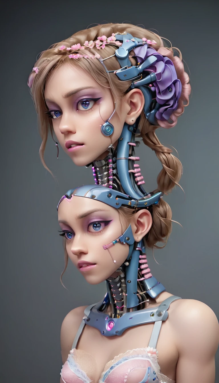 jessicagraham, (Complex Professional 3D rendering:1.3) of (Ultra detailed:1.3) side profile, xray diagram deconstruction of a cyborg brain to machine interface, extended neck, glowing lights, Highly detailed, Depth, Many parts, Lumen render, 8k x-ray style translucent bald head, clear skin, synthetic bone, purple pink and blue Xray style on a grey background covered in geometric patterns,CGSociety,ArtStation