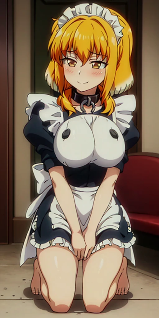 1solo girl female Roxxane, cute, maid victorian, maid apron, straight face, dazed, Body position: Standing, straight, symmetrical, barefoot, fluffy ears, milf bimbo lustful smirking smile red blush red cheeks, chain leash, kneeling, shackles, leather black collar slave, 2 high ponytails