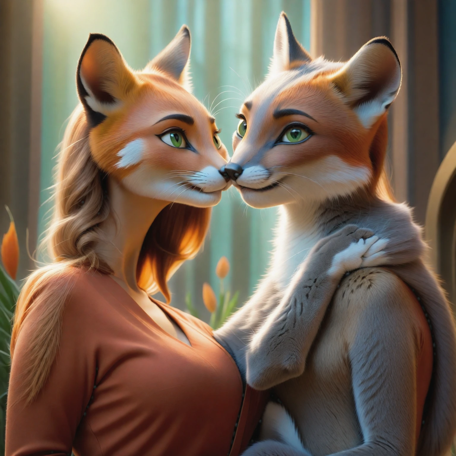 There is a woman holding a cat and touching her face, Fantasy fox love, Zootopia Style, digital art animal photography, furry digital art, very realistic pictures, software version, Zootopia film style, very realistic picturesgraphy, software, very realistic picturesgraph, portrait shot, Disney's Bambi Cat, surreal hybrid animals, masterpiece anthropo portrait, martin post