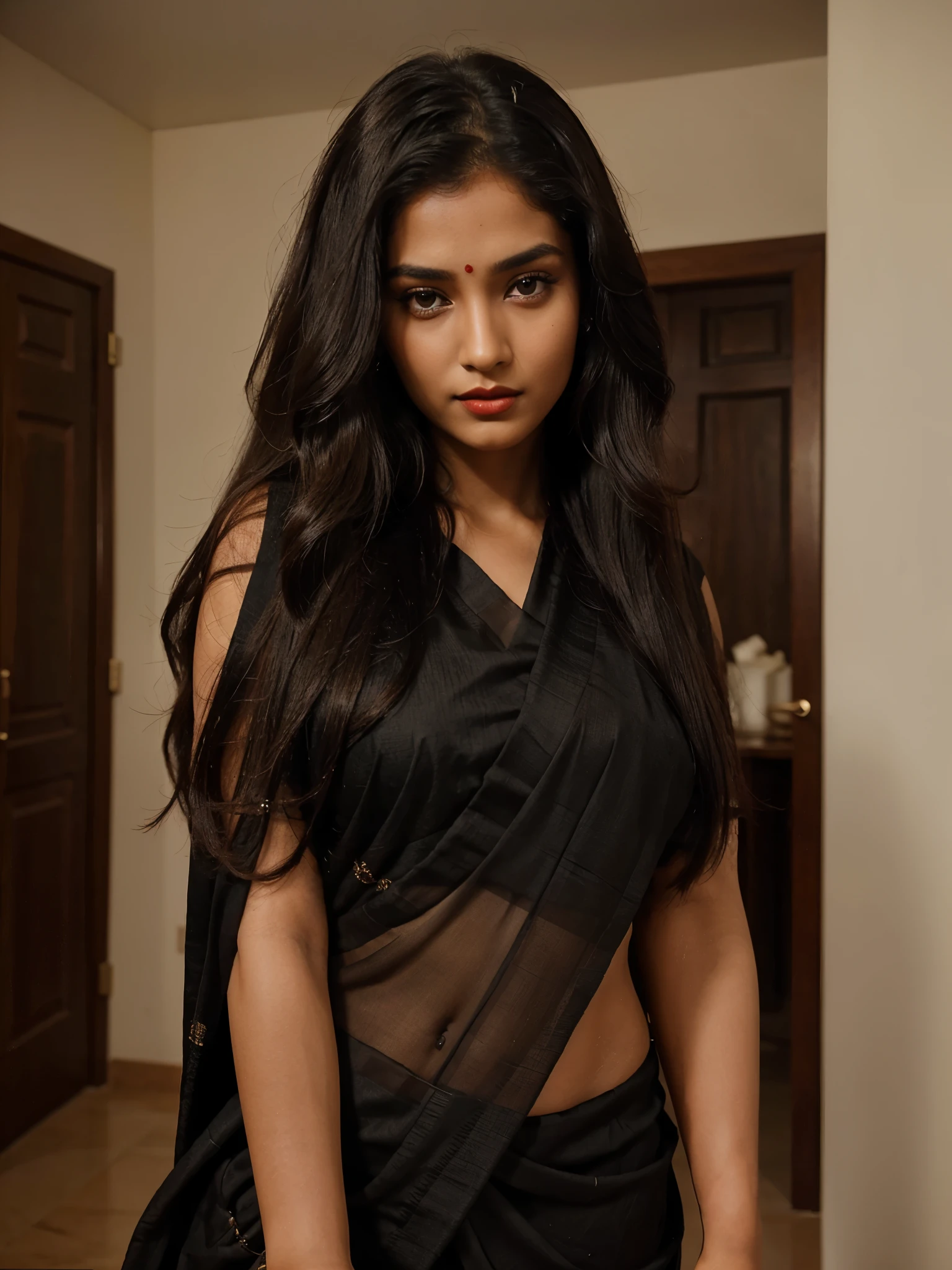 As you enter the room, your eyes are immediately drawn to the 24-year-old woman in her black Indian saree. Her long and beautiful hair is styled in a traditional manner, and her realistic skin is a testament to her natural beauty. Her attractive eyes and lips are accentuated by a deep red lipstick, completing her stunning look.