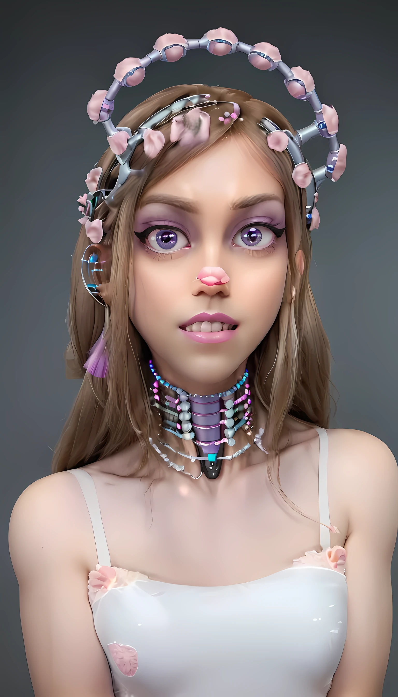 jessicagraham, (Complex Professional 3D rendering:1.3) of (Ultra detailed:1.3) side profile, xray diagram deconstruction of a cyborg brain to machine interface, extended neck, glowing lights, Highly detailed, Depth, Many parts, Lumen render, 8k x-ray style translucent bald head, clear skin, synthetic bone, purple pink and blue Xray style on a grey background covered in geometric patterns,CGSociety,ArtStation