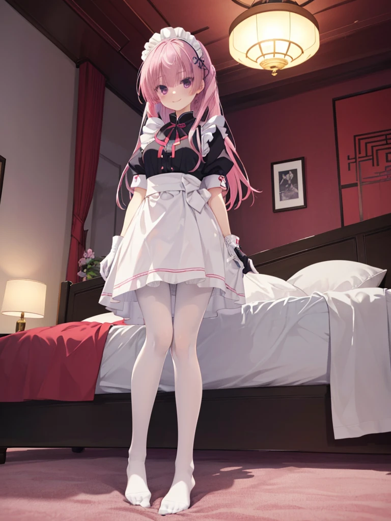 18 years old girls，tmasterpiece，Shy face，Bob Head，red blouse，No bra，did not wear panties，The lower body is naked，Bare legged，Barefoot，stood on the bed，Snow-whiteskin，overcast day，with pink hair，a pink eyes，thick thight