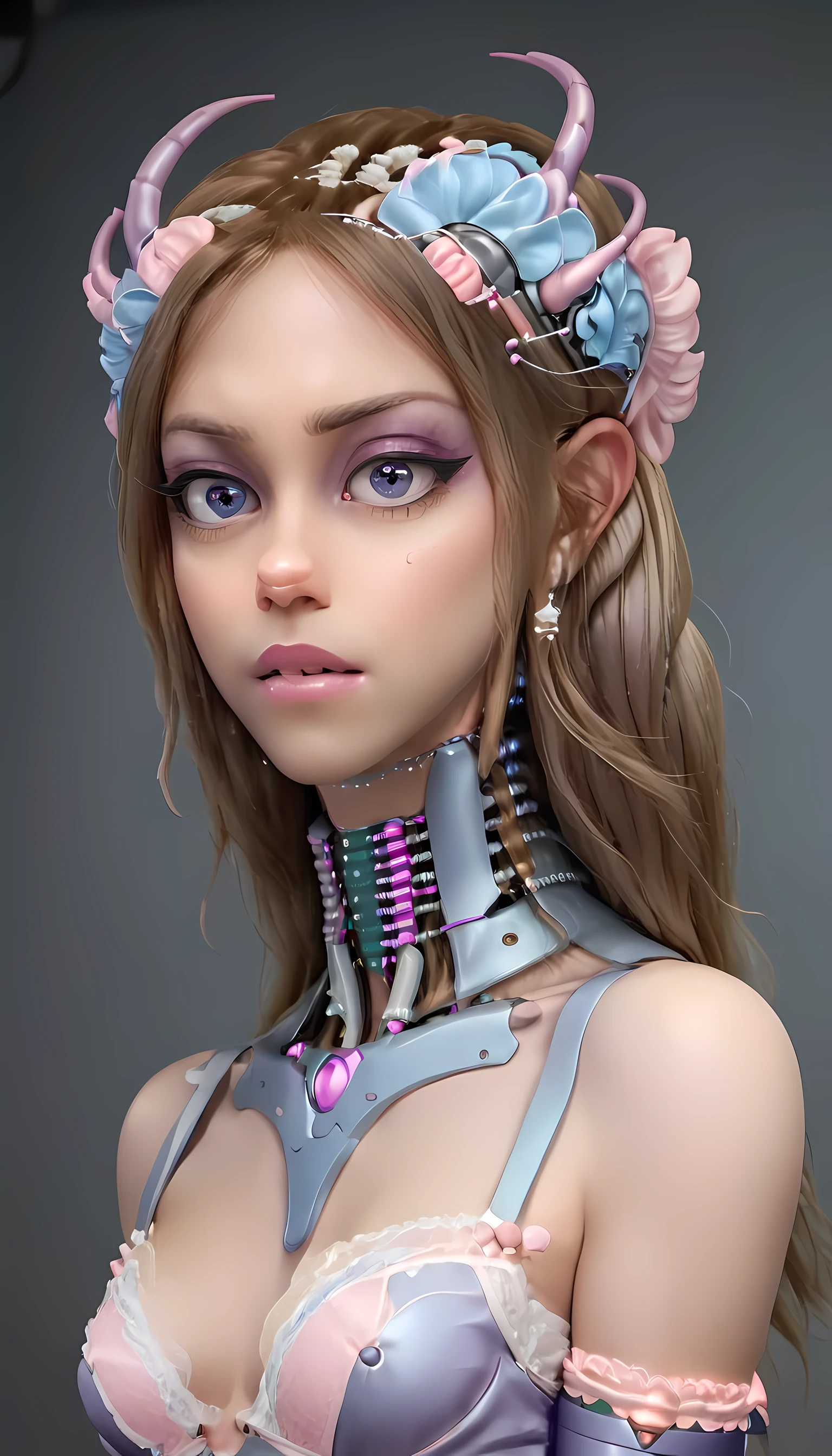 jessicagraham, (Complex Professional 3D rendering:1.3) of (Ultra detailed:1.3) side profile, xray diagram deconstruction of a cyborg brain to machine interface, extended neck, glowing lights, Highly detailed, Depth, Many parts, Lumen render, 8k x-ray style translucent bald head, clear skin, synthetic bone, purple pink and blue Xray style on a grey background covered in geometric patterns,CGSociety,ArtStation