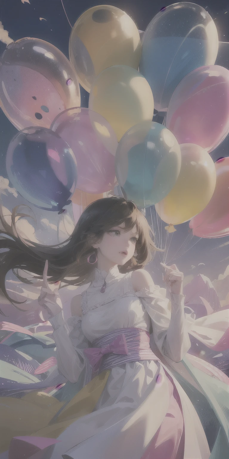 girl ((holding colorful balloons)),  on site, Colorful balloons floating in the sky,  hyper detail,  UHD, Super realistic  