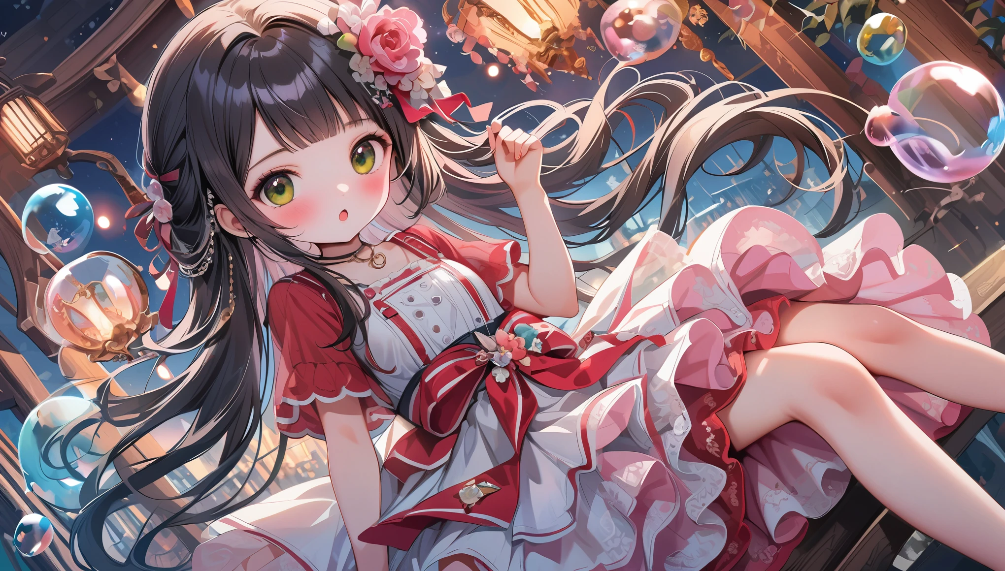 tinkle, (****), 1girl, solo, very long hair, light color, green eyes, blush, layered dress, see-through, frilled dress, lace printed , red dress, black hair, hair flower, sitting, small breasts, sash, detailed clothing, flowing hair, :o, translucent dress, bubble, looking at viewer, torino_aqua, shamed, blush, hair ribbon,, night, key, crystal, pink theme, fingernails, text, best quality, masterpiece, star, omochi_newest.super wide angle