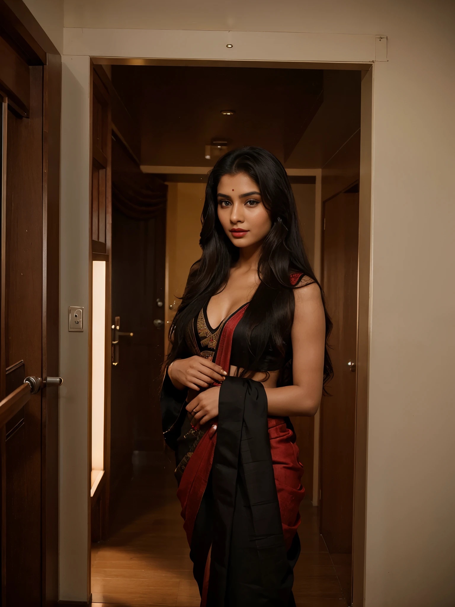 As you enter the room, your eyes are immediately drawn to the 24-year-old woman in her black Indian saree. Her long and beautiful hair is styled in a traditional manner, and her realistic skin is a testament to her natural beauty. Her attractive eyes and lips are accentuated by a deep red lipstick, completing her stunning look.

