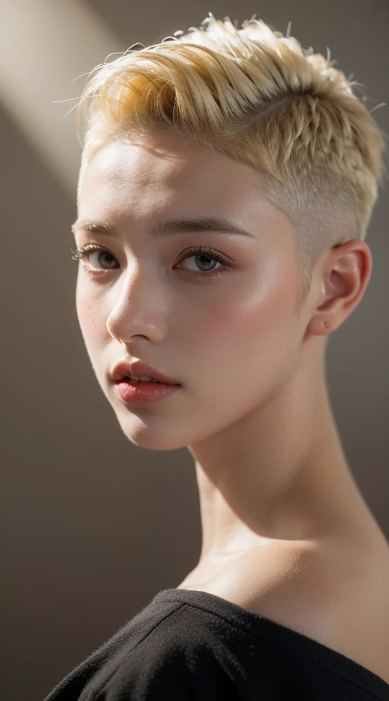 a 20 yo woman, blonde, (hi-top fade:1.3), dark theme, soothing tones, muted colors, high contrast, (natural skin texture, hyperrealism, soft light, sharp)