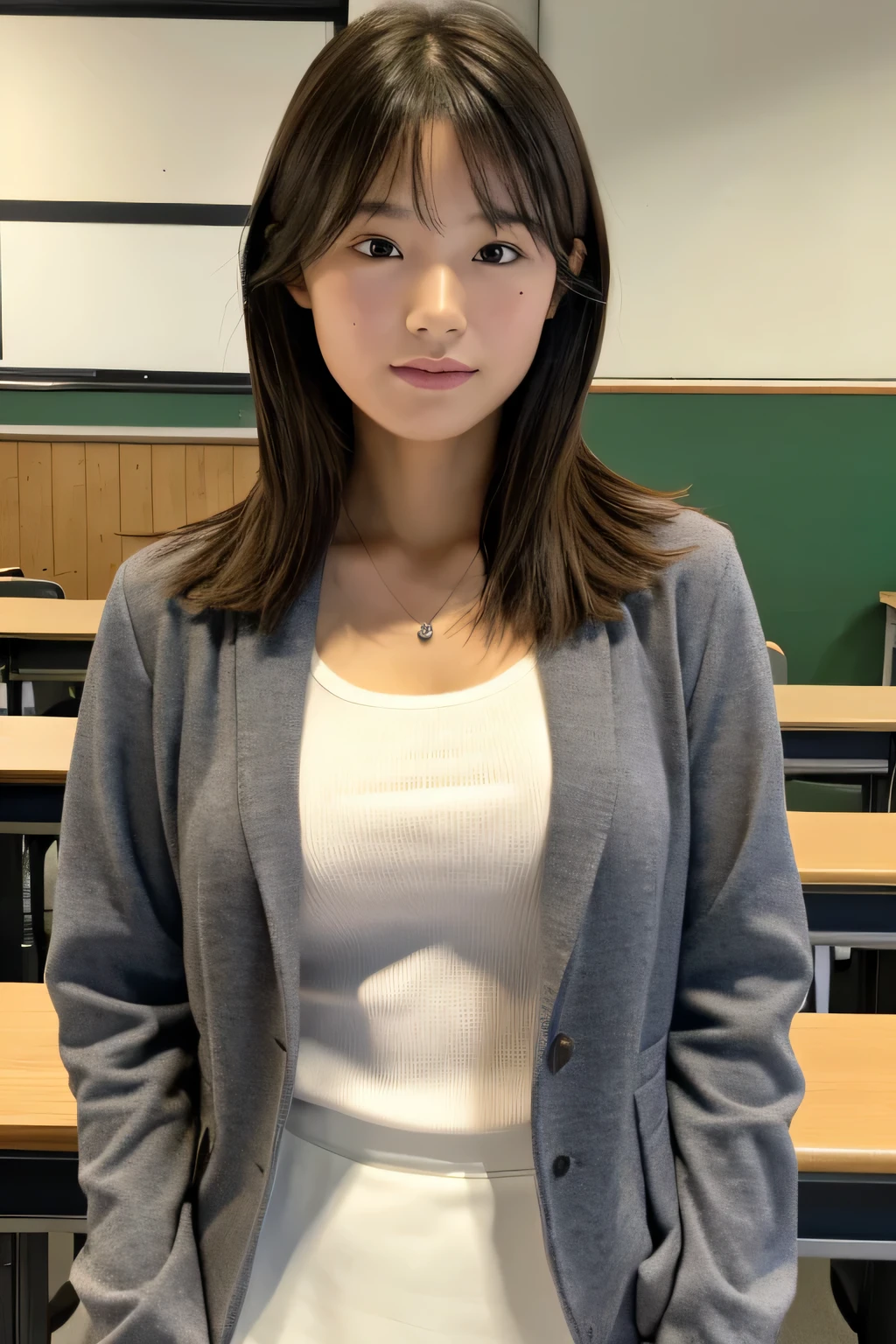 High resolution, High level image quality, high detail, masterpiece, rough skin, anatomically correct, sharp, 
classroom background, 
((japanese mature, 18-year-old)), alone, ((facial wrinkles)), good shape big breasts, Straight light brown hair that reaches to the shoulders, 
(((write on the blackboard,))), Staring straight ahead with an open mouth and a tired face, 
gray blazer, white blouse, white skirt, 